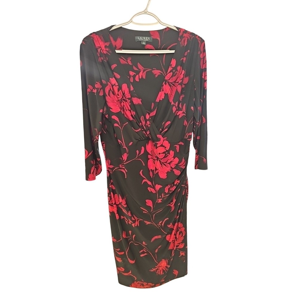 Lauren Ralph Lauren Red Floral Black Sheath Dress 14W NWT‎ 252639427001